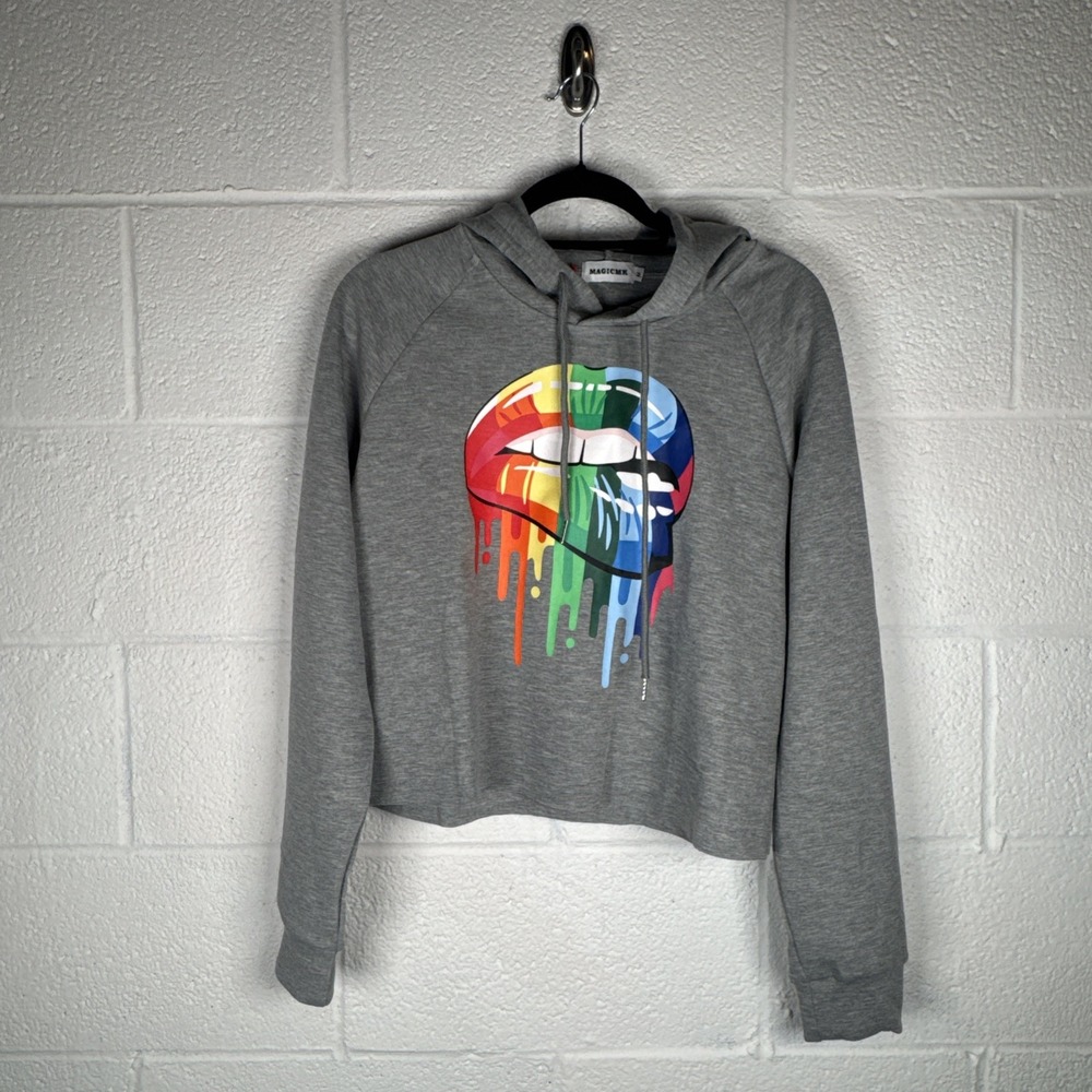 NWOT MAGICMK Gray Cropped Hoodie Dripping Rainbow Lips Graphic Sweatshirt Size M